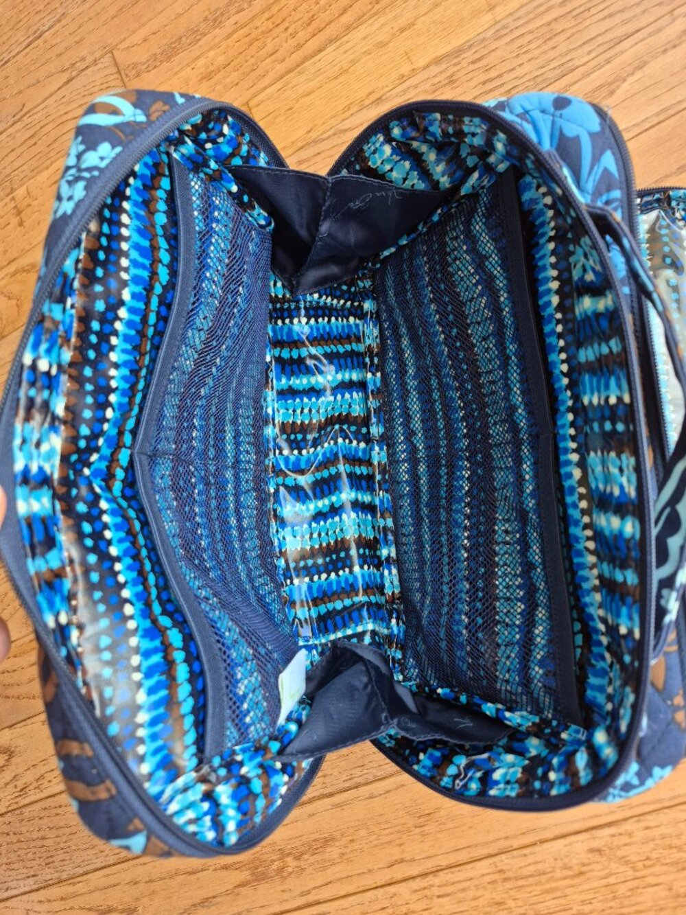 Vera Bradley Double Zip Brush Cosmetic Vanity Bag Java Blue Floral - Picture 6 of 12